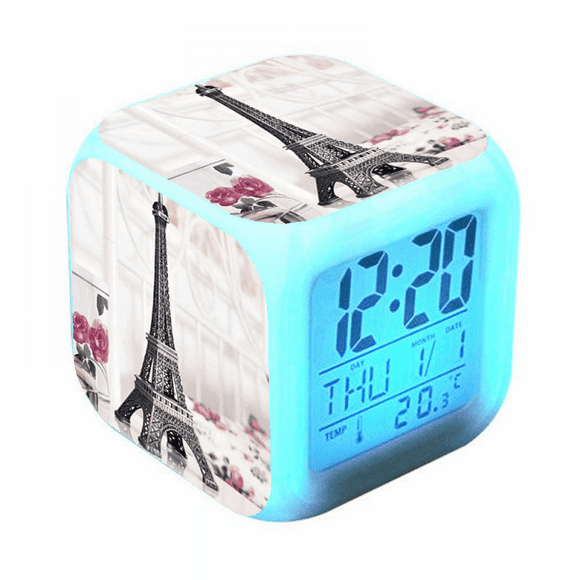 YIXINGCHEN Digital Alarm Clock for Kids, Cartoon Eiffel Tower Pattern 7 LED Color Changing Wake Up Clock with Thermometer Function and Night Light, Gift for Boys Girls A93-525 XCNZ#1659