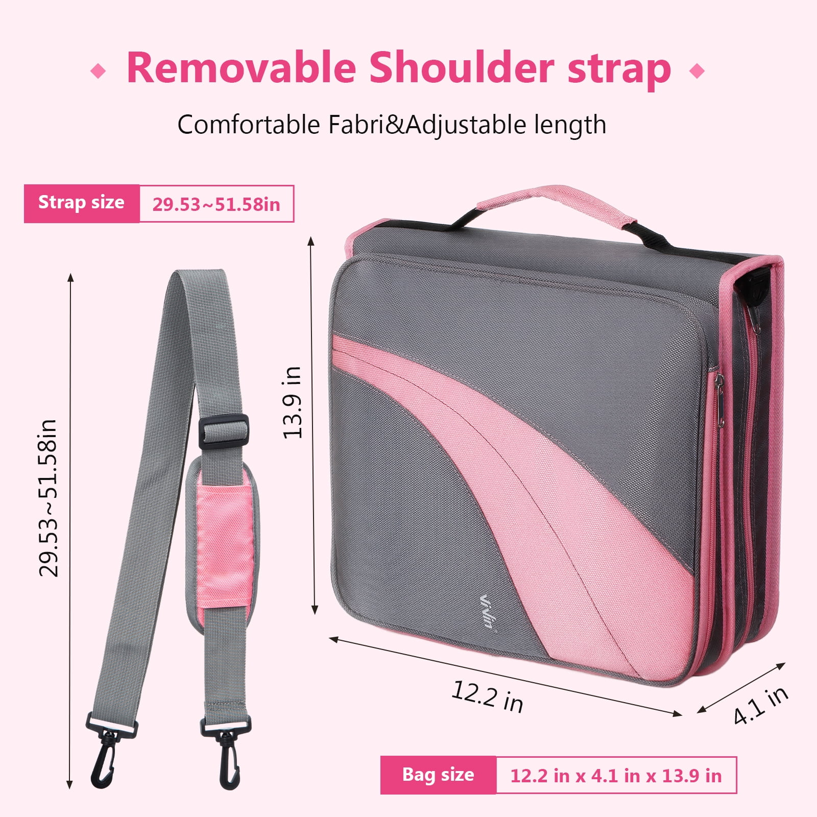 ViVin Zipper Binder 2 Inch O-Ring 450 Sheet Capacity, Multiple Tap and Zip Pockets, Office Supplies, Pink