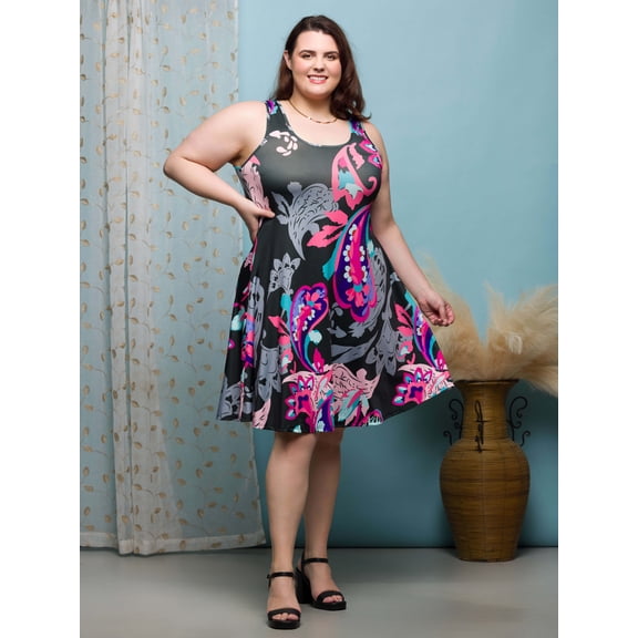 Plus Size Paisley Fit N Flare Tank Mini Dress