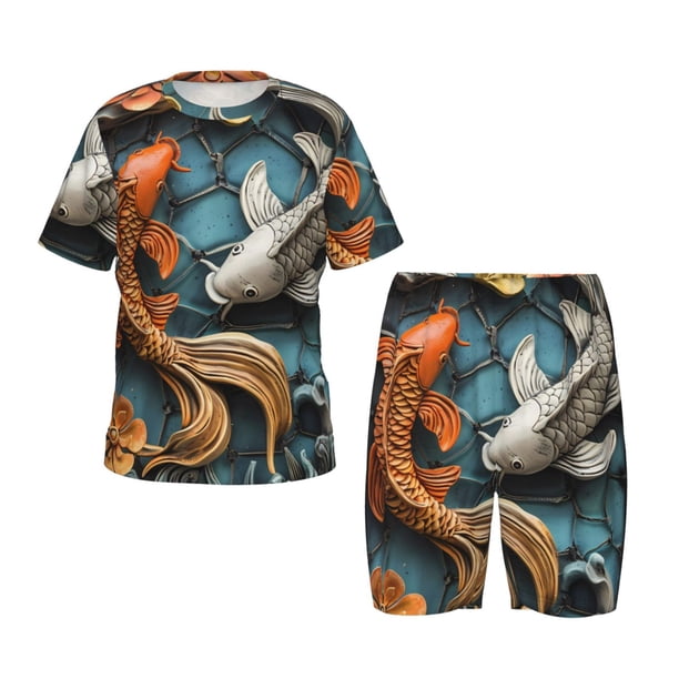 Fotbe Colorful Koi Fish Art Pijama Estampada de 2 Piezas para Niños – Ropa de Dormir de Manga Corta Cómoda para Niños y Niñas, Camiseta y Shorts de Algodón-X-Large