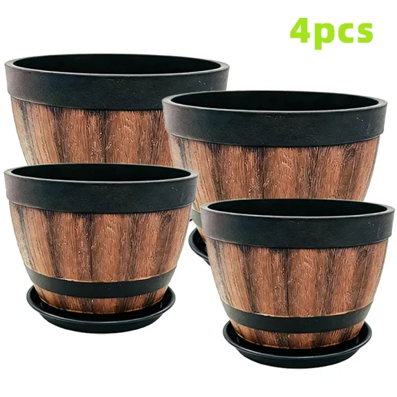 Large Whiskey Barrel Planters Set of 4 (2 Sizes: 9 & 12 inch) with Drainage & Saucers, Rustic Plastic Flower Pots for Indoor/Outdoor Plants, Patio, Garden Decor