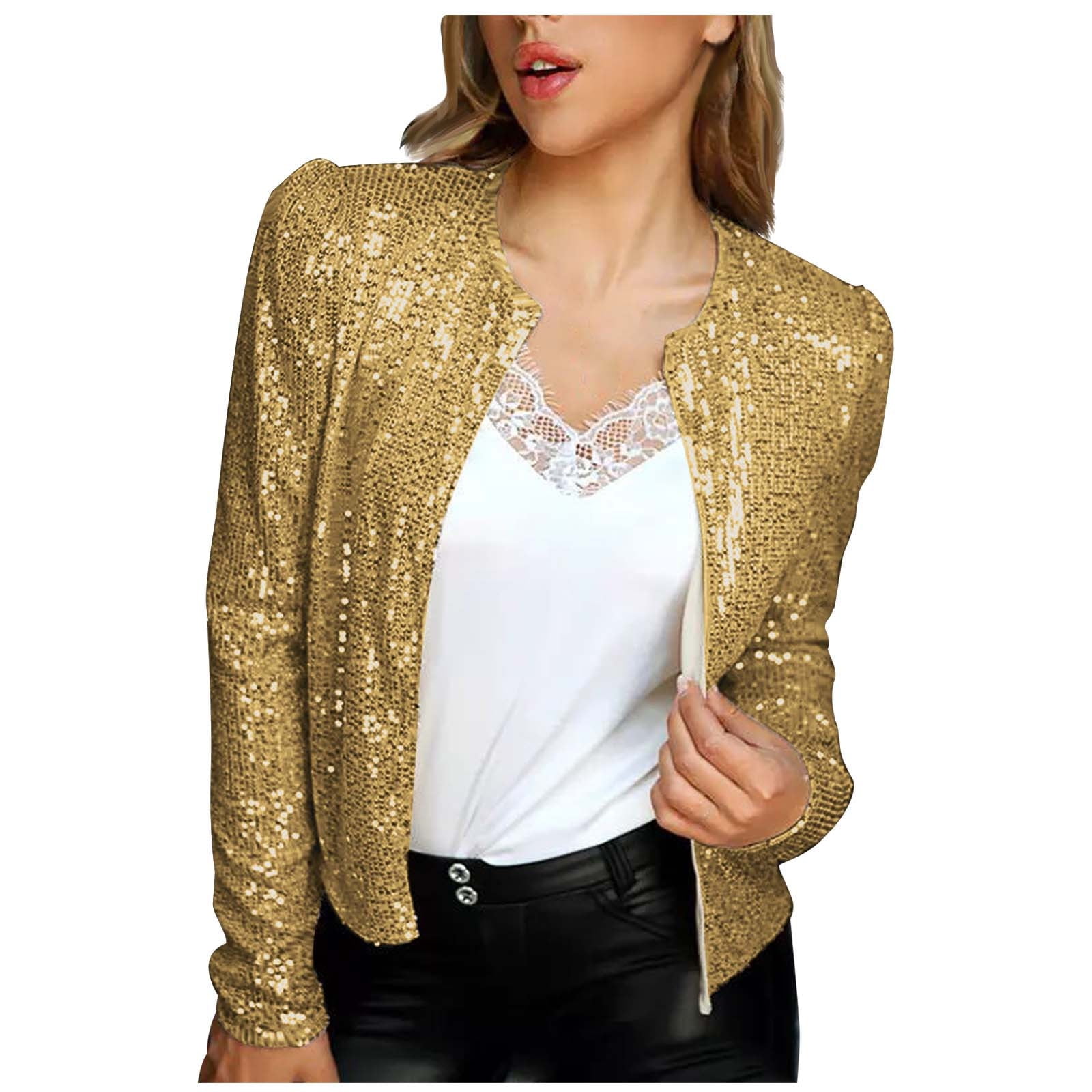 zanvin Fashion Women Open Front Sequin Jacket Long Sleeve Short Blazer Casual Coat Tops Gold gifts for family On clearance