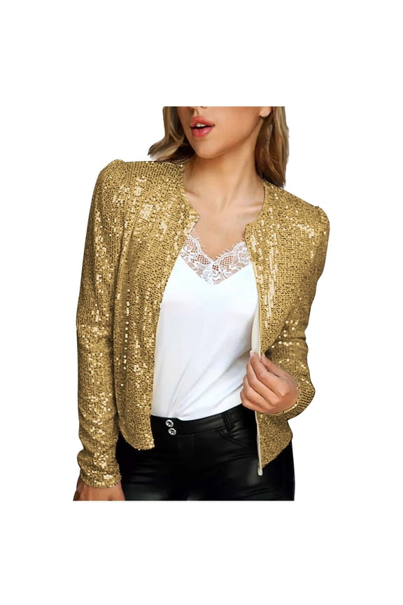 Women Coats Plus Size Fashion Women Open Front Sequin Jacket Long Sleeve Short Blazer Casual Coat Tops Gold 10(XL)