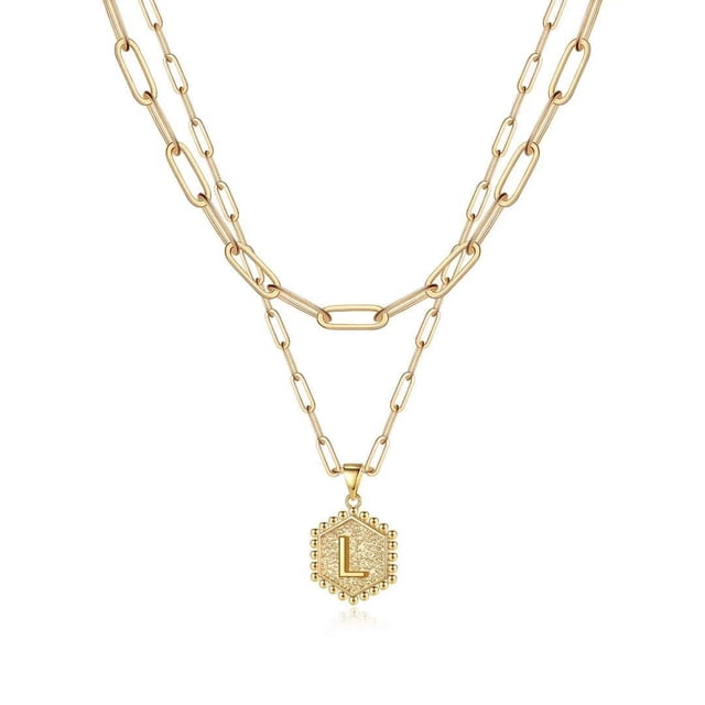 Colliers Initiaux Superposés pour Femmes, Collier Chaîne Trombone Simple Mignon Pendentif Lettre Hexagonale Collier Ras du Cou Initial Or Colliers Superposés pour Femmes, Or