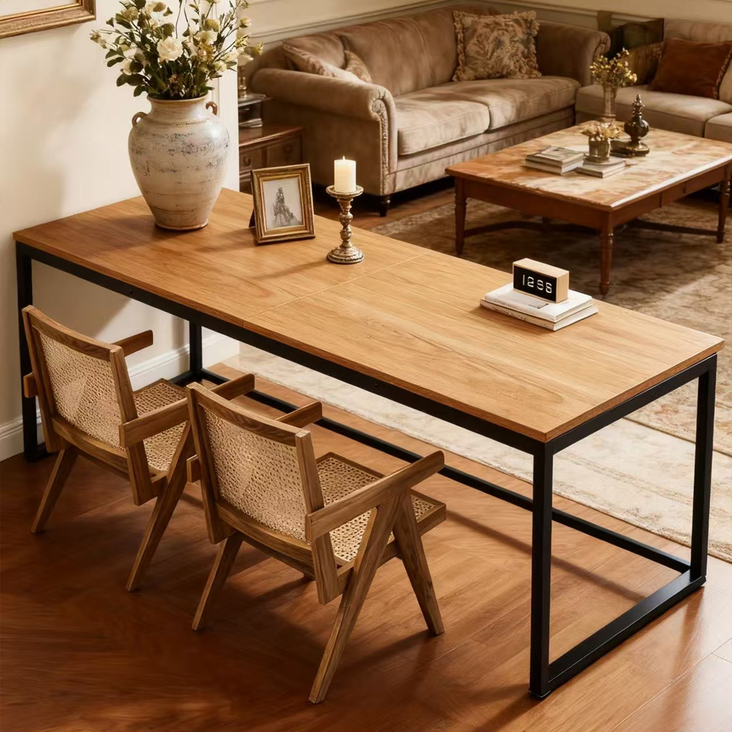 78.7 Inches Extra Long 2 Person Computer Desk, Wooden Large Home Office Writing Table With Strong Metal Legs, Spacious Study Workstation For Collaborative Use, Natural & Black