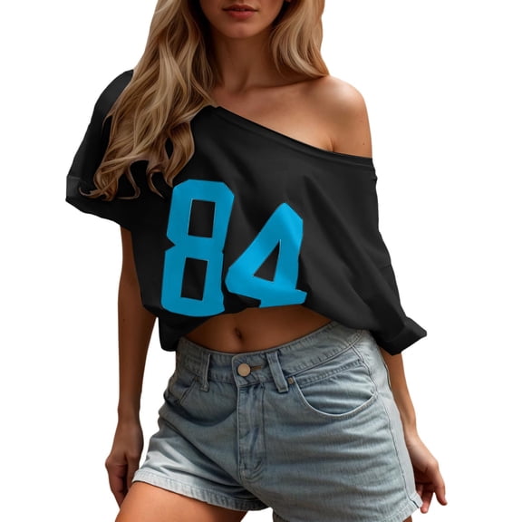 Fshinging Women Summer Tops T Shirts Number Graphic Shirts Off The Shoulder Short Sleeve Y2k Trendy Loose Fit Blouse
