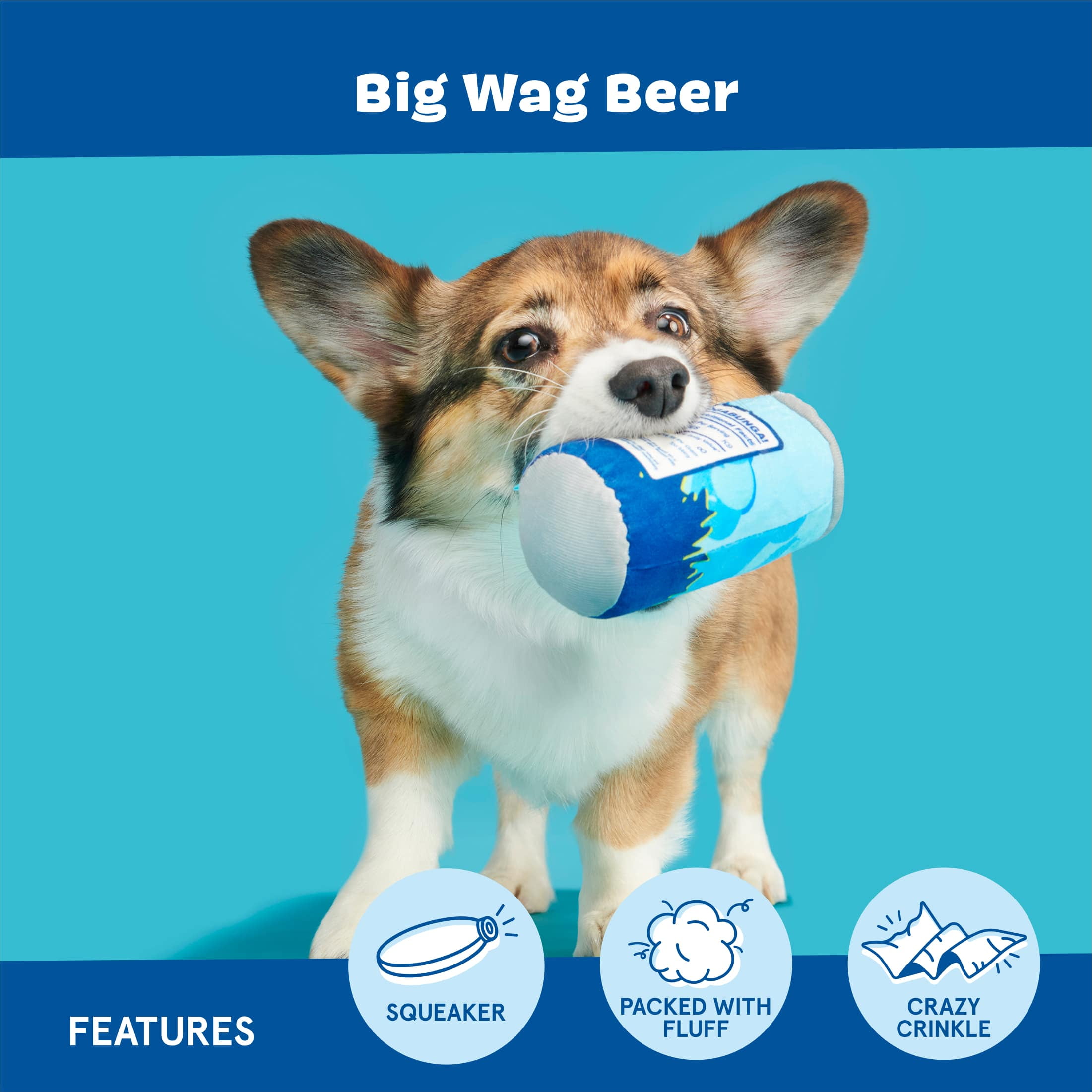 BARK Surf Beer Can Plush Blue, Yellow, and Silver Dog Toy All Sizes