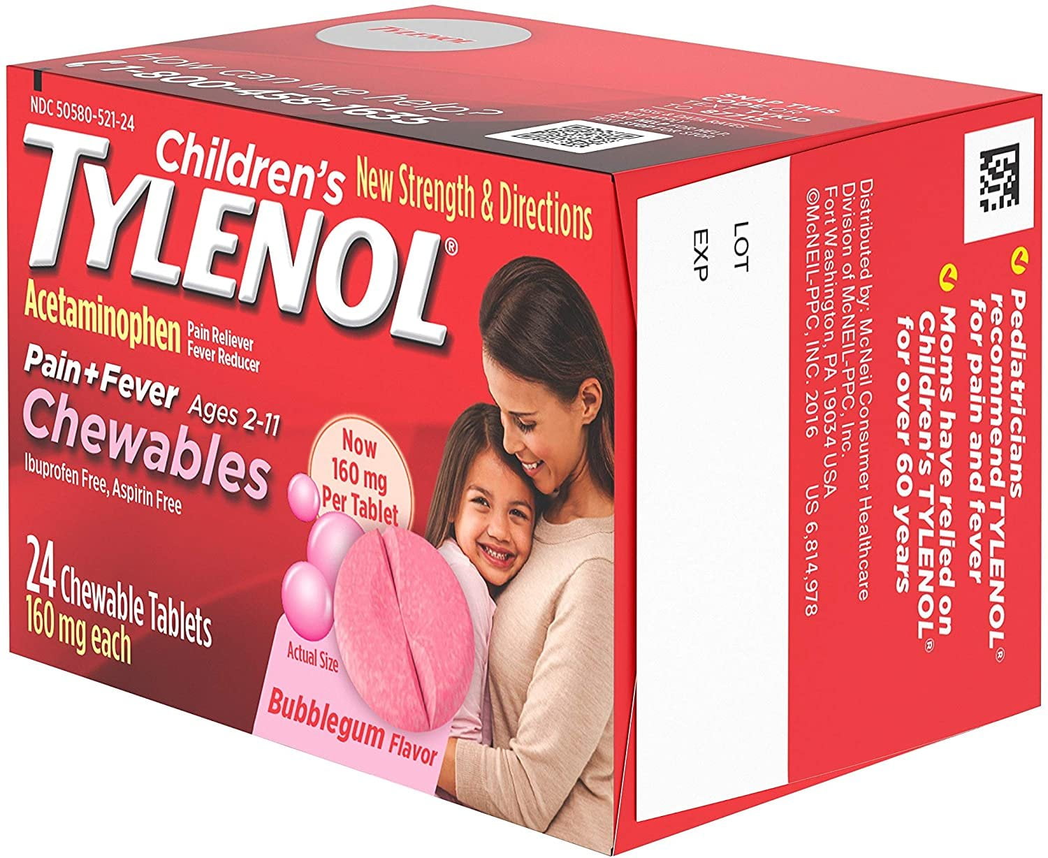 Tylenol Childrens Pain Plus Fever Reducer Chewables Tablets Bubblegum-flavored, 24 Ea, 6 Pack