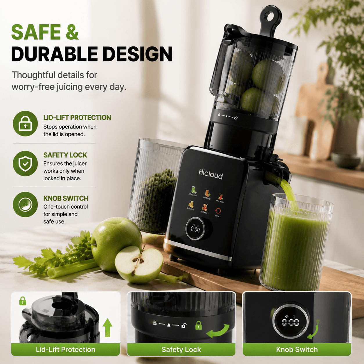Hicloud 200W Juicer, Cold Press Juicer with 4.4" Large Feed Chute, Electronic 5-Speed Masticating Juicer Machines for Whole Vegetables & Fruits, High-yield Juice Maker, Easy Clean