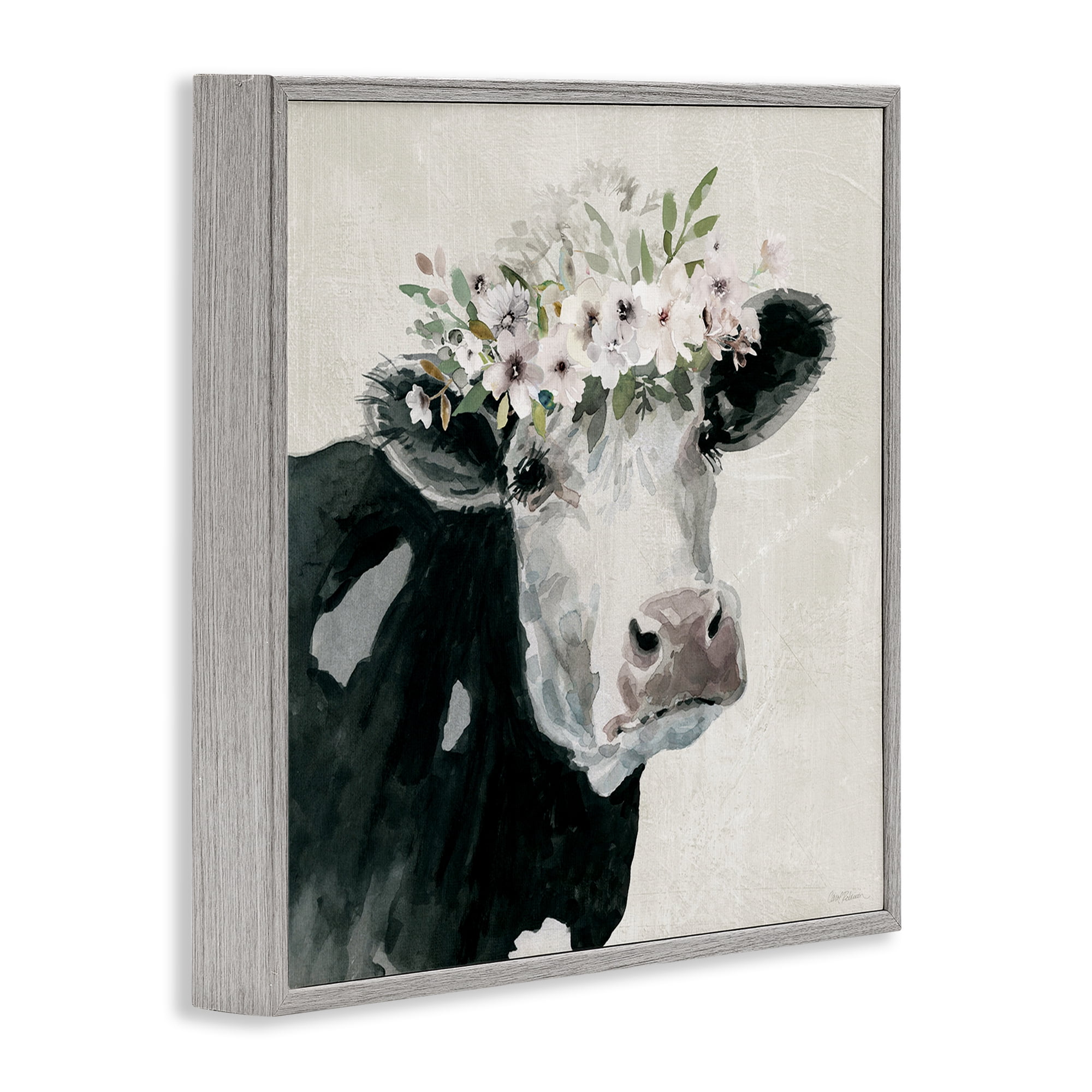 Stupell Industries Gazing Cow with Florals Animals & Insects Painting Gray Framed Art Print Wall Art, 24 x 24