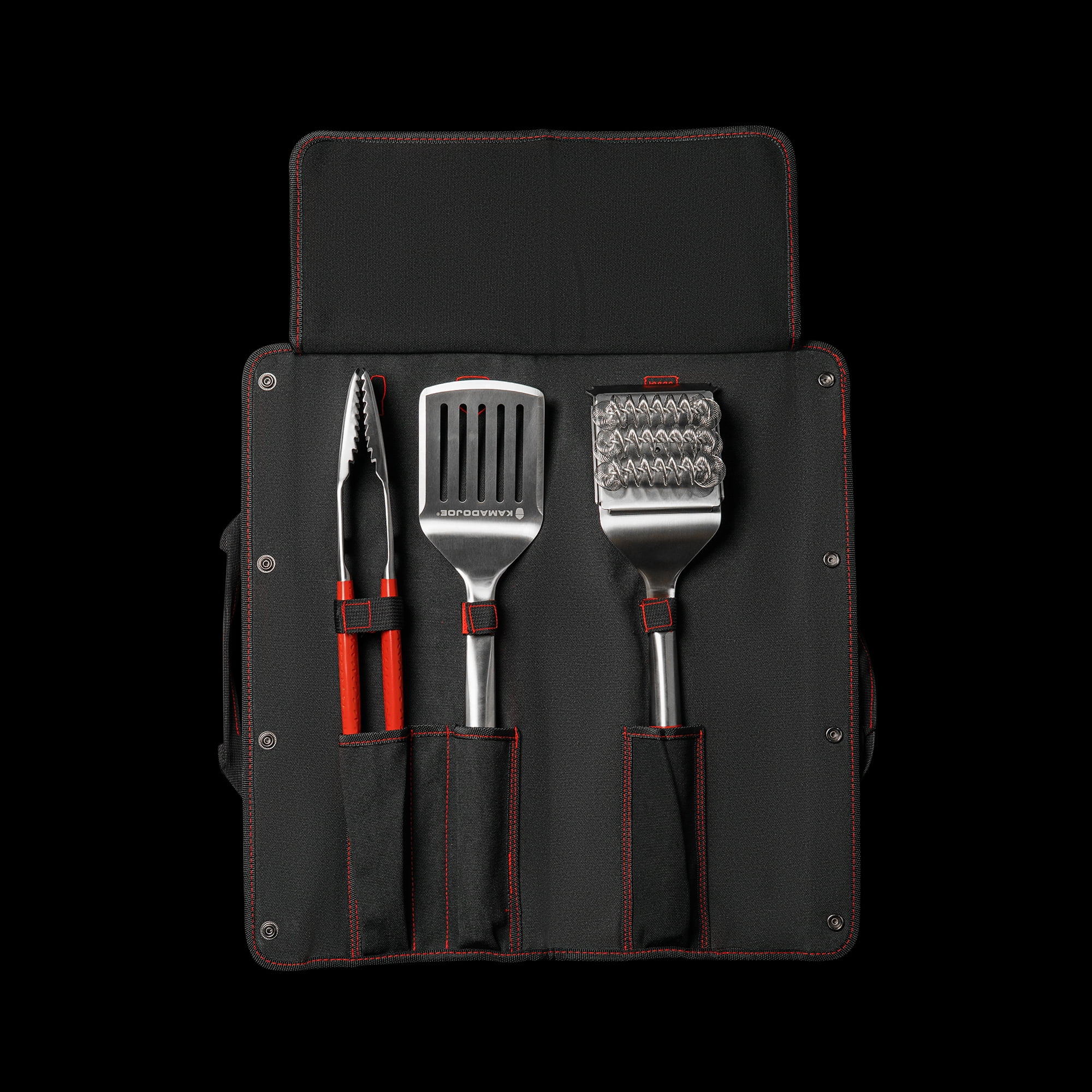 Kamado Joe Krafted™ Steel 3-Piece Grilling Tools with Case | Kamado Grill Accessories: Cleaning Brush, Tongs, Spatula