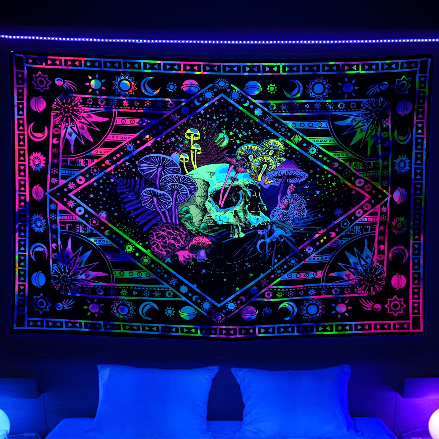 Black Light Trippy Skull Tapestry, UV Reactive Mushroom Tapestry, Blacklight Burning Sun Tie Dye Tapestry, Sun Moon Star Planet Bohemian Tapestry for Living Room Bedroom Decoration 60X40 inches