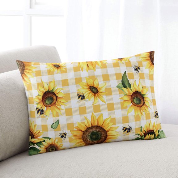 Yellow Sunflower Oversized Pillow Covers,Vintage Country Bee Plaid Ginger Check Breathable Throw Pillow Cases with Invisible Zipper,Decorative Pillowcase Pillows Protectors for Sofa Bed Couch 24"x36"