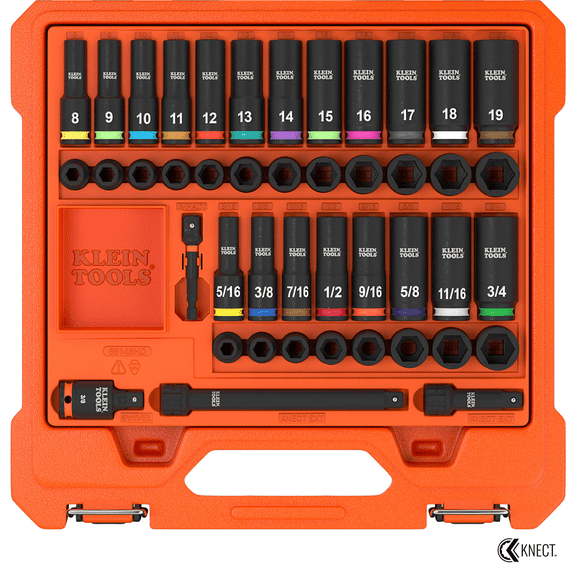 Klein Tools KNECT 3/8-Inch Deep and Shallow Impact Socket Set, SAE / Metric, 44-Piece