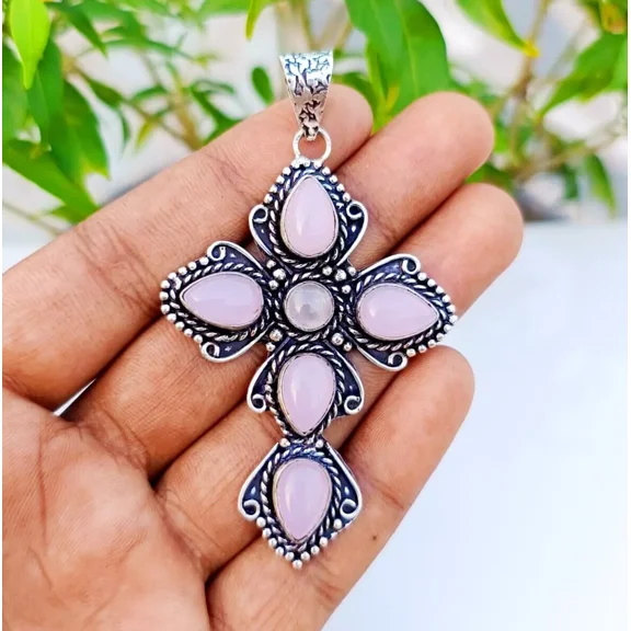 Rose Quartz Cross Pendant 925 Sterling Silver Polished Handmade Gemstone Jewelry 2.55"
