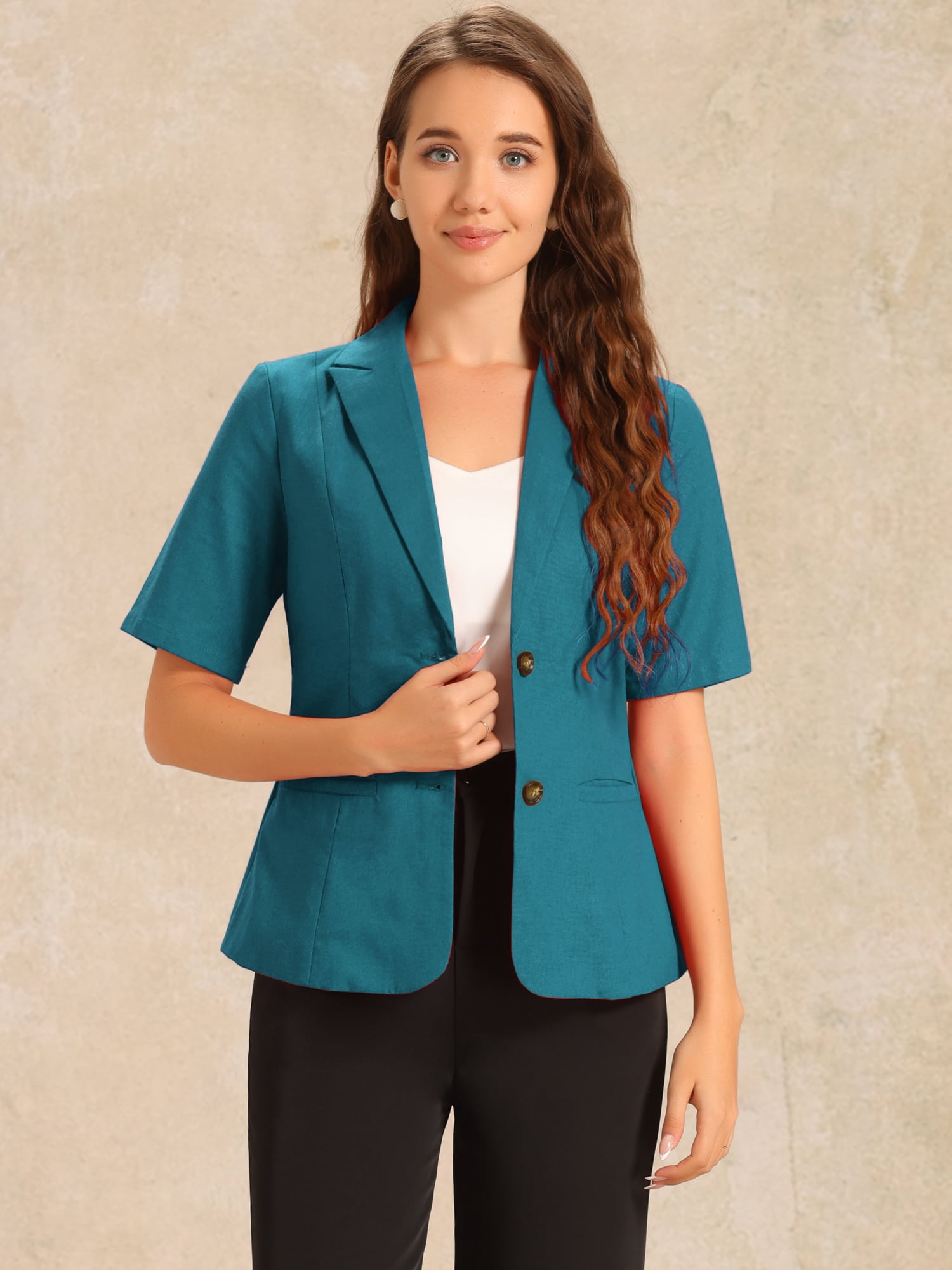 DARING DIVA Women's Linen Short Sleeve Cotton Lapel Collar Blazer L Peacock Blue