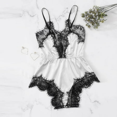 Xysaqa Women Lingerie  One-Piece Silk Babydolls Bodysuit  Satin Lace Trim Deep V Neck Body Suit  Women s Teddy Nightwear