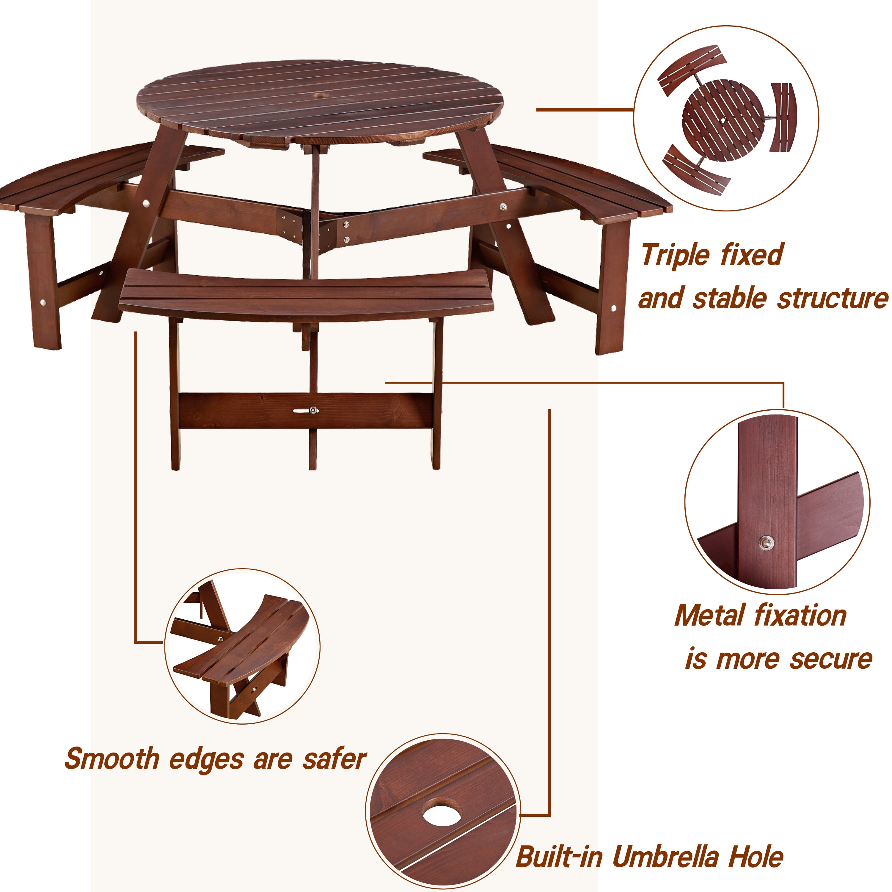 Aukfa Wooden Picnic Table for 6,Outdoor Round Picnic Table w/ 3 Benches for Garden, Backyard,Brown