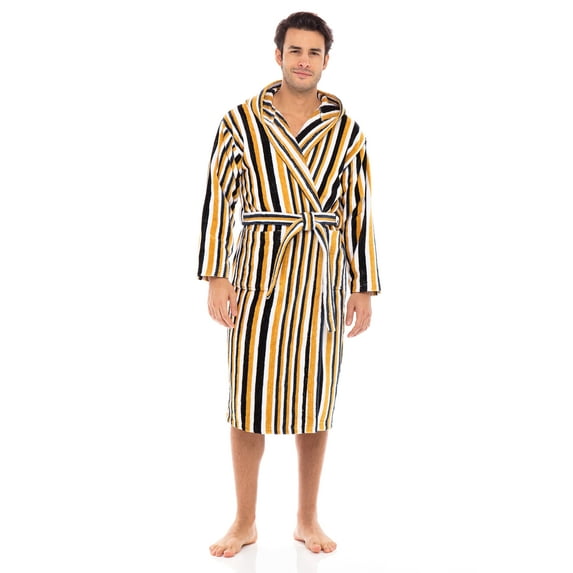 Men’s Luxury Terry Cotton Hooded Bathrobe Spa Robe Bath Robes Stripes Mustard XL