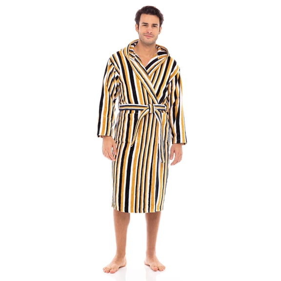 Men’s Luxury Terry Cotton Hooded Bathrobe Spa Robe Bath Robes Stripes Mustard S
