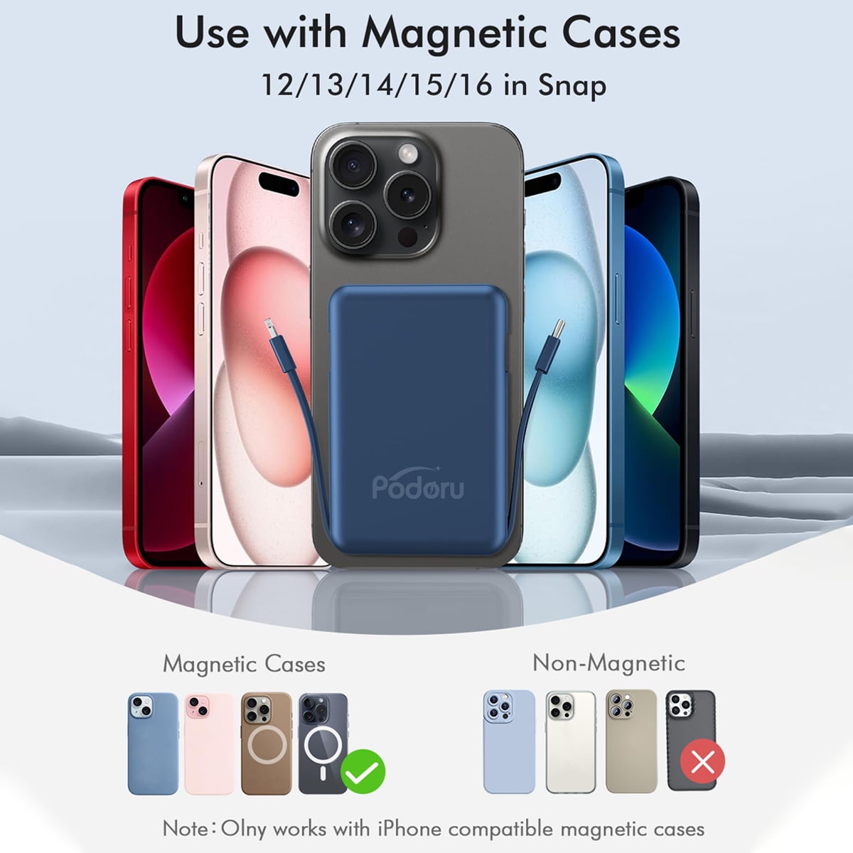Podoru Wireless Portable Charger, 10000mAh Magnetic Power Bank Built-in USB C Lighting Cables 22.5W PD Fast Charging LED Display Battery Pack for for iPhone 16/15/14/13/12 - Navy Blue