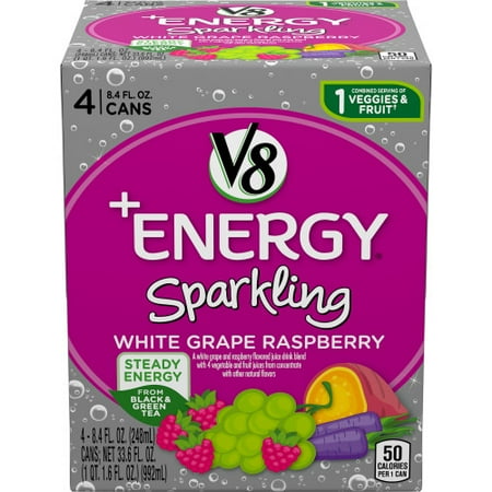 V8 +Energy Sparkling Healthy Energy Drink, Natural Energy from Tea, White Grape Raspberry, 8.4 Oz Can (4