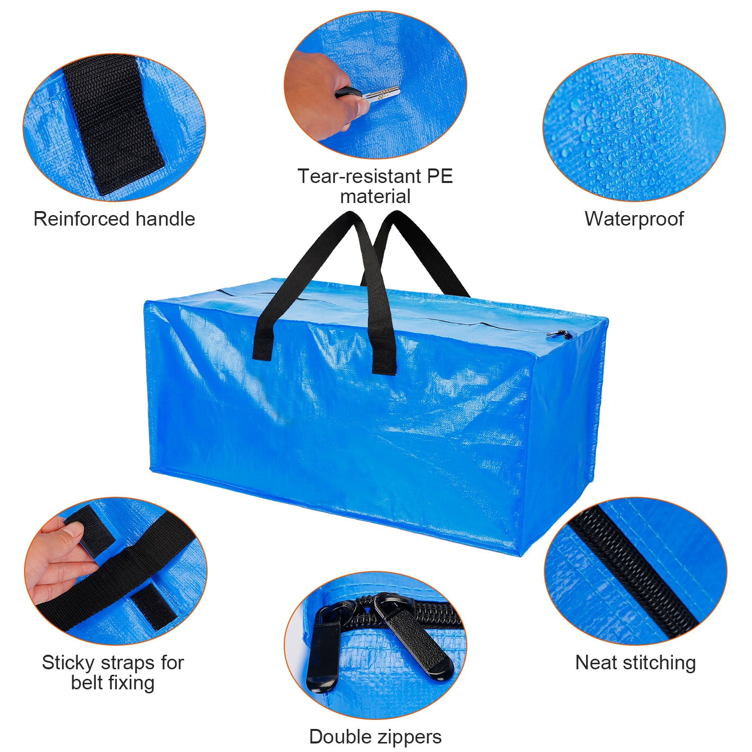 iMounTEK 4pcs Moving Bags Heavy Duty Container Reusable Plastic Totes Blue Moving Bin Zippered Storage Bag, Size: Large