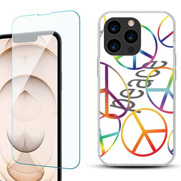 Slim-Fit Anti-Scratch Gel TPU Phone Case for iPhone 13 Pro, with Tempered Glass Screen Protector, by OneToughShield ® - Colorful Peace