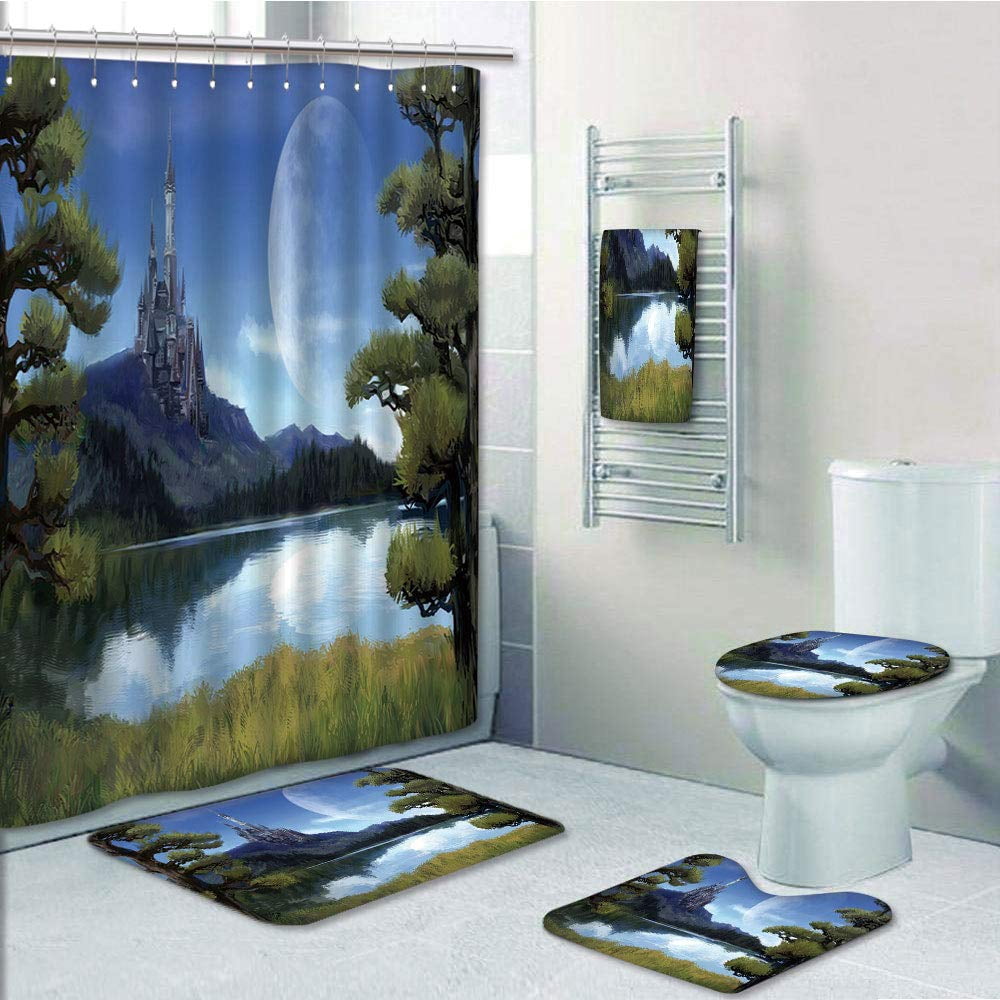 Prtau Moon Surreal Scene With Riverside Lake Forest Medieval Castle On Hill 5 Piece Bathroom Set Shower Curtain Bath Towel Bath Rug Contour Mat And Toilet Lid Cover Walmart Com Walmart Com