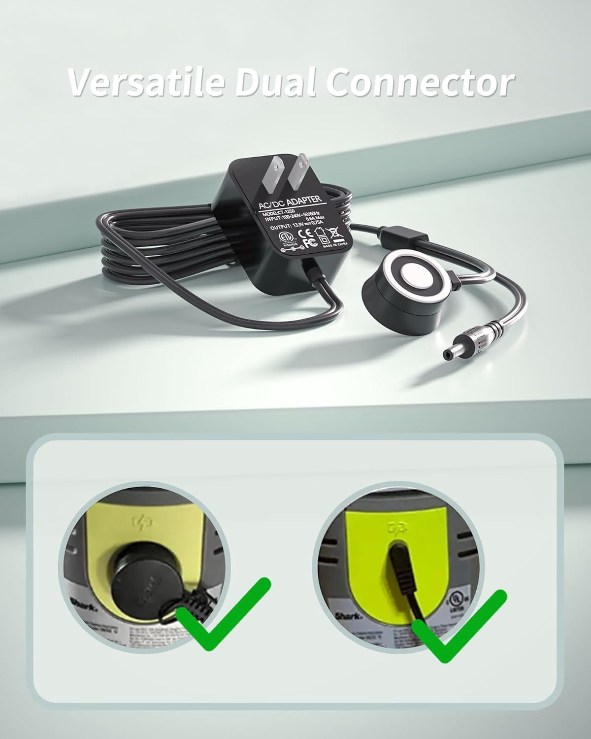 Replacement for Shark Vacmop Charger - 13.3V Versatile Dual Connector Compatible with Shark VM252 VM251 VM252C QM250 VM200(Old) VM200C VC200 UM205 VC205 Hard Floor Vacuum Mop