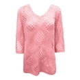 thumbnail image 4 of Ounisa Boho Crochet Tops for Women 3/4 Length Sleeve V Neck Hollow Out Knit Sweater Shirt Summer Lightweight Beach Cover Ups, 4 of 5