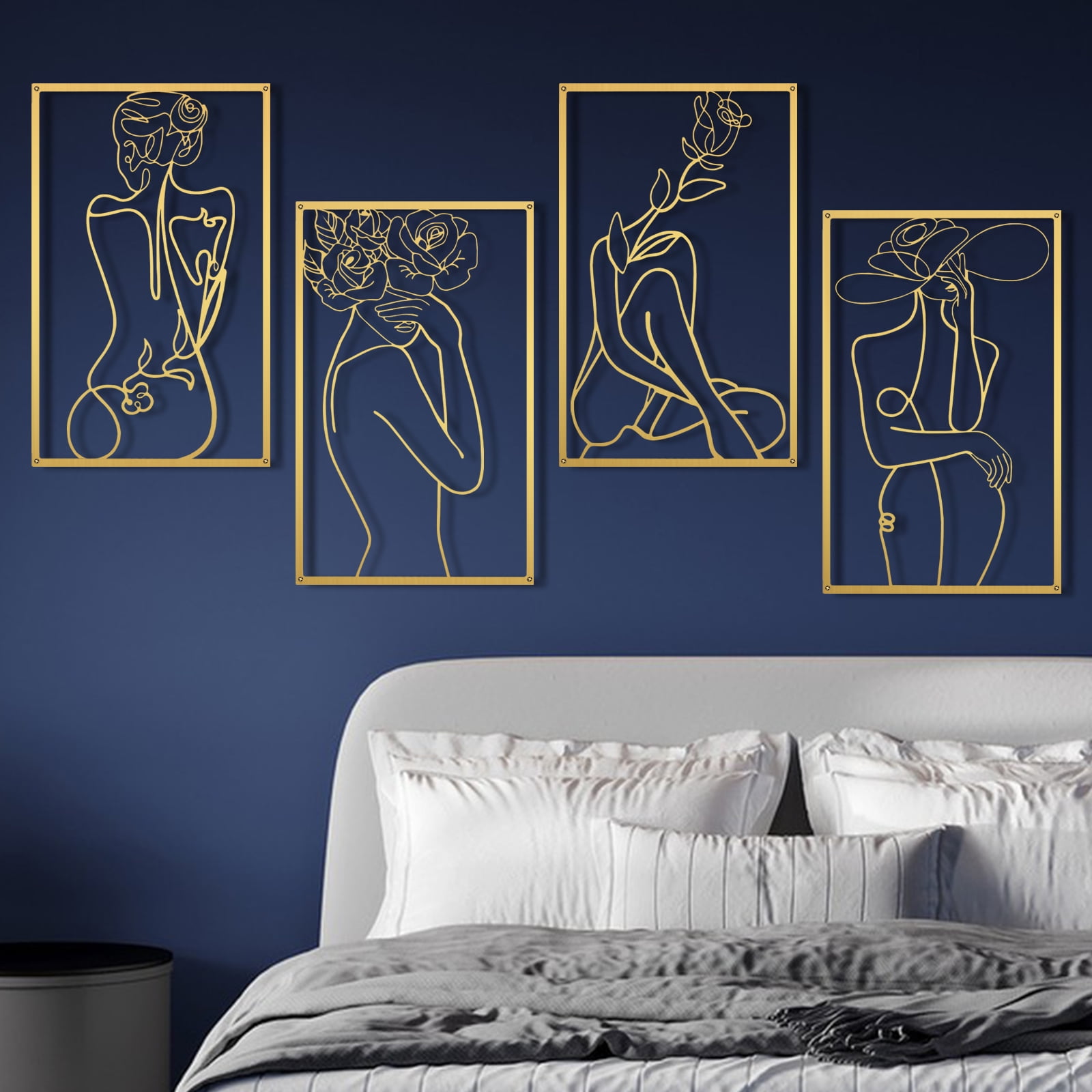 Wall Art Decor for Room Decor, 4 Piece Abstract Metal Wall Art, Female Gold Wall Decor, Minimalist Flower Line Wall Hangings for Home Living Room Bedroom Bathroom