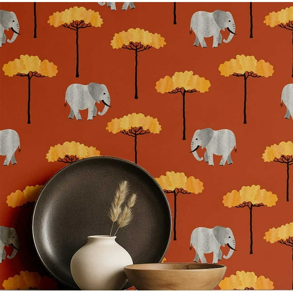 S4Sassy Peel & Stick Vinyl Wallpaper, Elephant & Tree Print Wall Paper Contact Paper Waterproof - Orange, 25"X120", Plain Finish, Asian Style Covering For Home Decor In Bedrooms & Living Areas