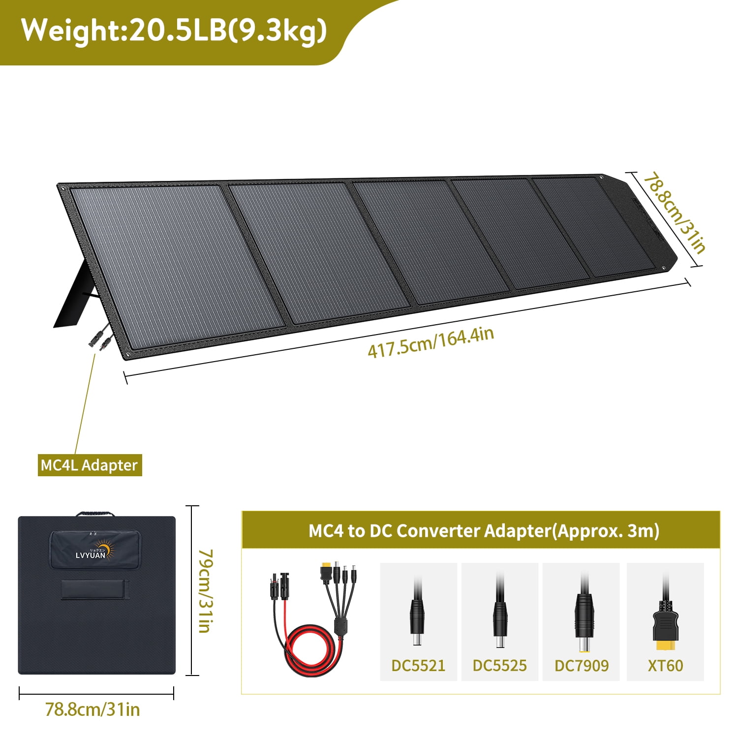 LVYUAN 500 Watt Solar Panel Foldable Solar Panel Charger with Adjustable Kickstands Portable Waterproof IP67 for Home, RV, Outdoor, Camping, Power Station, off Grid