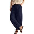 thumbnail image 2 of Only Moment Casual Ruffle Flare Pant Legs Design Linen Pants Women's Casual Wide Leg Pants Casual Palazzo Trousers with Pockets Loose High Waisted Wide Leg Lounge Pants Navy,XXXL, 2 of 5