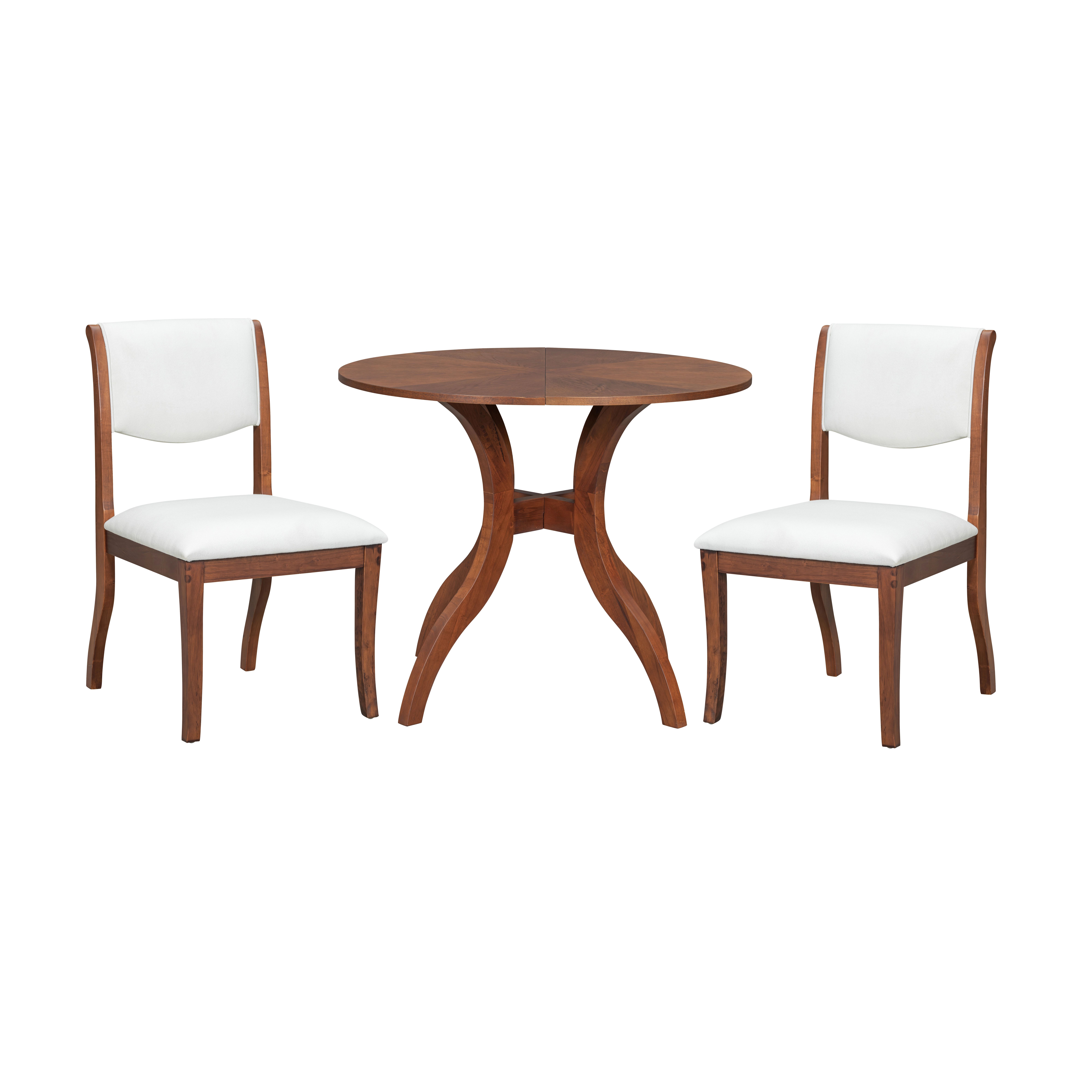 Euroco 3-Piece Dining Table Set for 2,Wooden Kitchen Table with Curved Legs & 2 Upholstered Chairs for Small Spaces, Kitchen, Living Room,Walnut+White