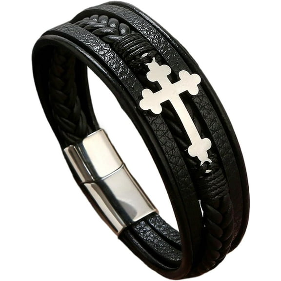 Mens Leather Cross Bracelet Multi-Layer Braided Faith Bracelet Religious Wristband Father's Day Birthday Jewelry Gifts for Men 8.5" Stainless Steel Buckle Bangle