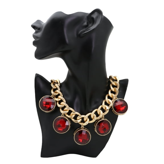 Women Gold Metal Chain Link Fashion Jewelry Short Necklace Red Bead Charms