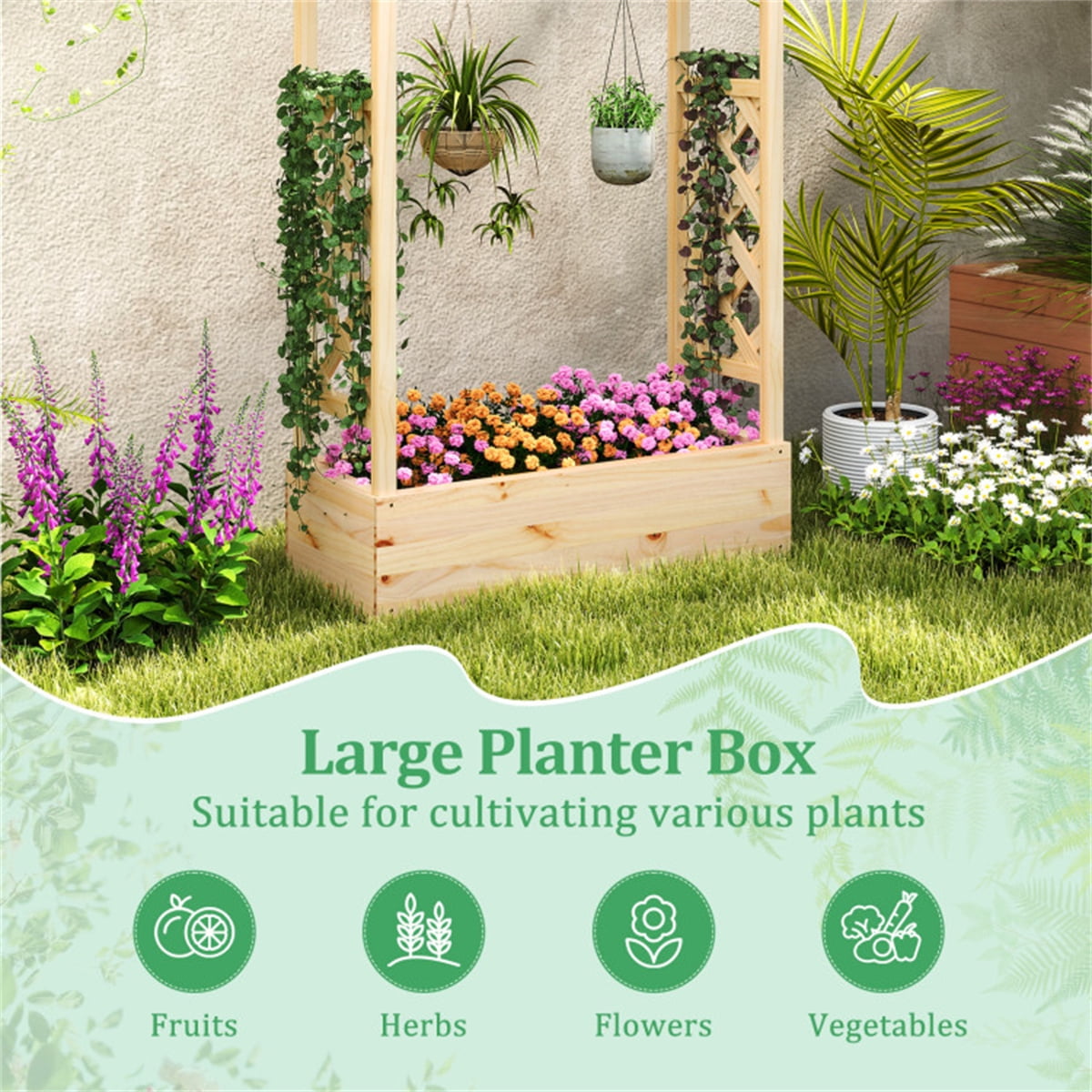 1 Pack Wooden Raised Garden Bed Planter Box with Hanging Roof 44Inch Pine Wood Elevated Outdoor Indoor Patio Balcony Backyard Flowers Herbs Vegetables Trellis Drainage Natural Easy Assembly