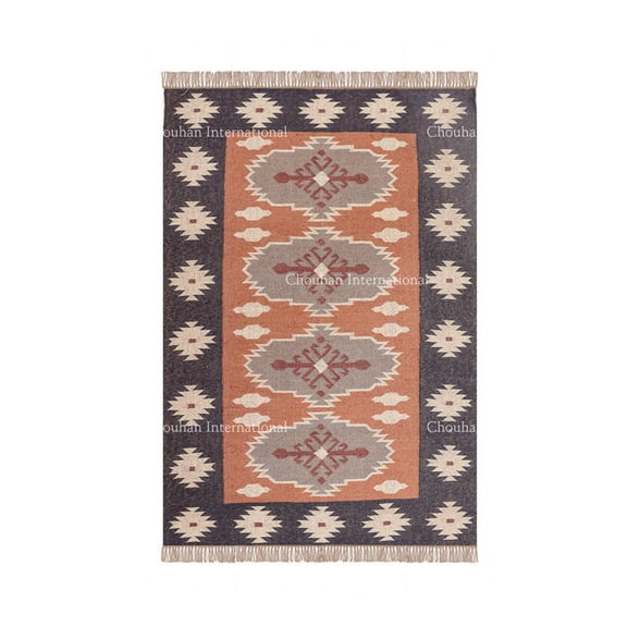 Chouhan Rugs Kilim Rug Wool Jute Rug, Bohemian Rugs, Jute Rug Wool Rug,Kilim Dhurri Wool and Jute Rug Handmade, Kilim Dhurrie Rug, Traditional Indian Wool Jute Rugs ( 3x5 Ft ) (KILM-18)