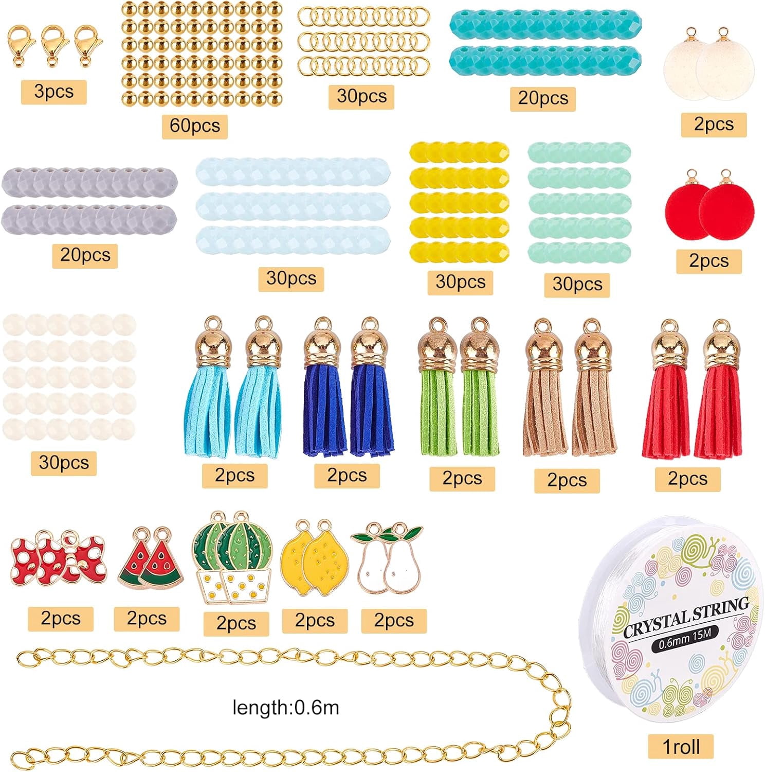 1 Box Enamel Fruit Charms Faceted Glass Beads Bulk Cable Chain Beading Bracelet Making Kit Rondelle Glass Bead Suede Tassels for Jewelry Making Elastic Thread Necklace Supplies Beginners Multi-color