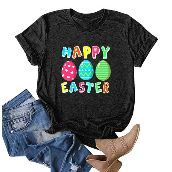 EQWLJWE Workout Shirts for Women Casual Happy Easter Graphic Solid Color Short Sleeves Round-Neck Loose Summer Blouse Tops for Hiking Cycling