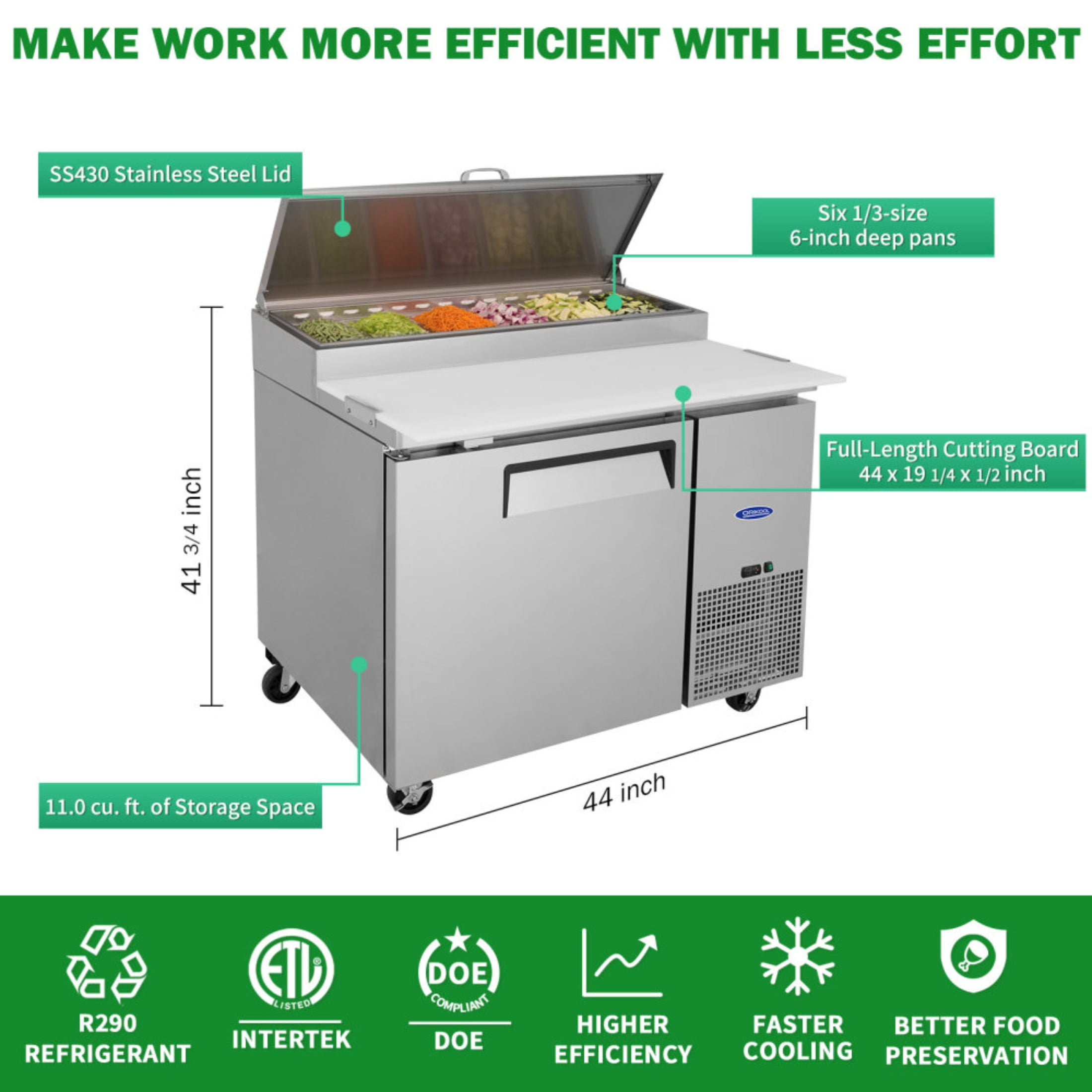 Orikool 44 IN Commercial Pizza Prep Table with a Built-in Refrigerator 11 Cu.Ft, Butcher Block Cutting Board, Protection Lid, Cold Storage, and Smooth-Rolling Casters, ETL Certified (LTL carry)