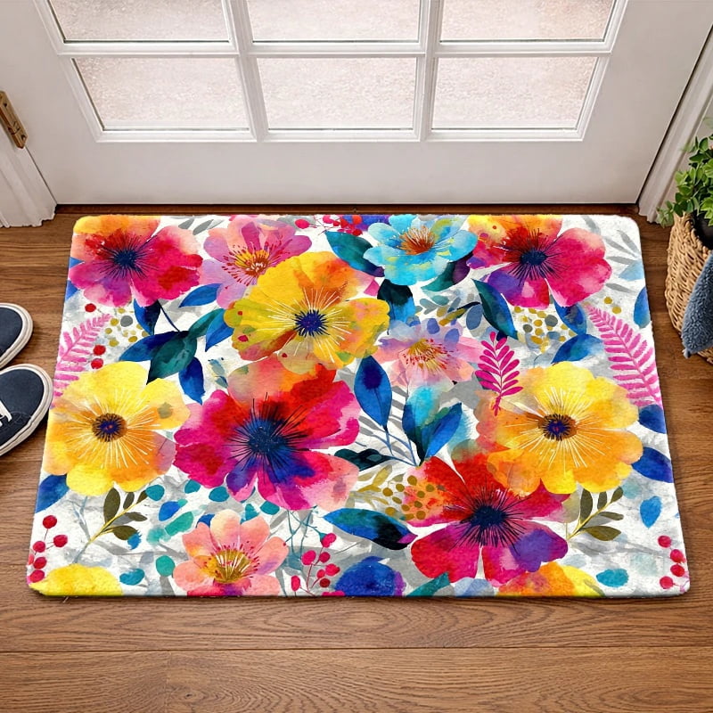 Waterproof Non-Slip Rubber Backed Flannel Floor Mat, Colorful Watercolor Floral, Machine Washable, for Indoor Outdoor Living Room Bedroom Kitchen Bathroom Balcony Porch Entryway Doormat Rug