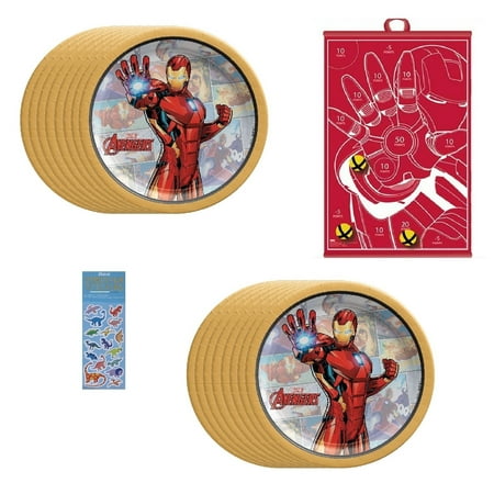 Iron Man Birthday Party Bundle includes 16 Dessert Cake Paper Plates 7", 1 Dinosaur Sticker Sheet