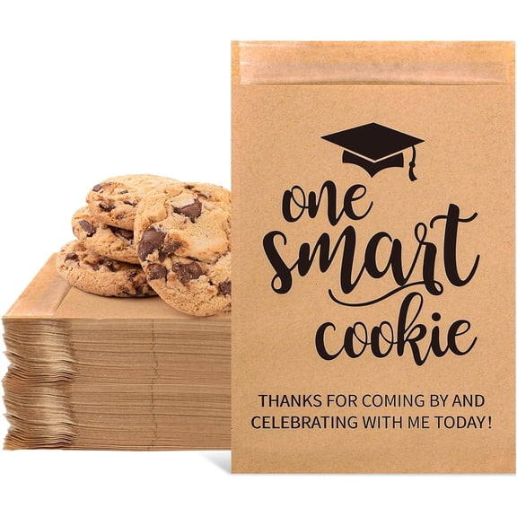 50 Pack Graduation Candy Cookie Gift Bags One Smart Cookie Self-Adhesive Buffet Treat Bag Congrats Grad Kraft Paper Treat Gift Bags for Graduation Party Decoration Supplies