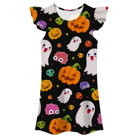 FYDUU Halloween Dresses for Girls Nightgowns Cute Summer Sleep Shirts Flutter Sleeve Princess Nightdress Casual Nightgown Cartoon Print Dress 3-4 Years