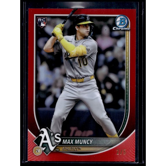 2025 Bowman Chrome Red RC Baseball Card 90 Max Muncy Oakland Athletics Oakland Athletics MLB Baseball Trading Card