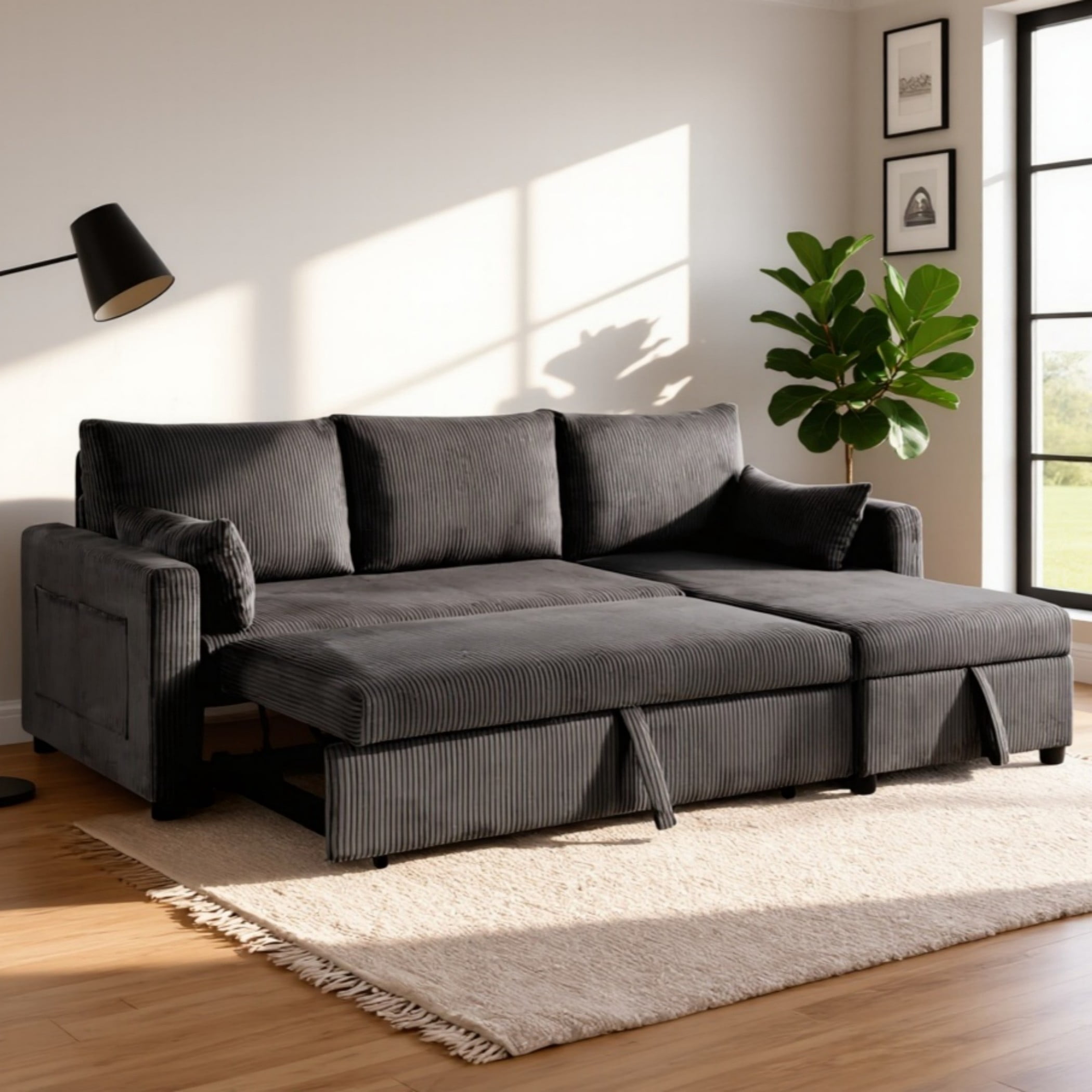 BSHTI L-Shaped Pull-Out Sleeper Sofa Bed with Storage Chaise – 3-Seater Convertible Corduroy Sectional Couch, Solid Wood & Iron Frame, for Apartments, Small Living Rooms, and Offices, Black