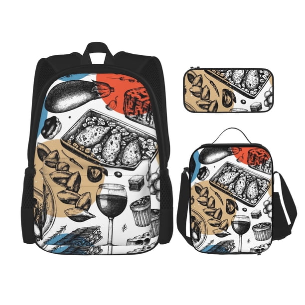 Easygdp French Food Mochila para Niños y Niñas con Set de Caja de Almuerzo y Estuche para Lápices 3 en 1, Mochila Escolar Estampada para Adolescentes